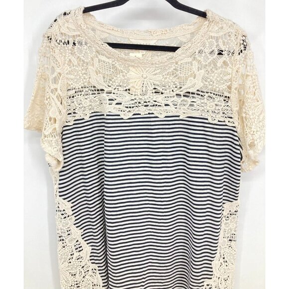 Adiva Plus Top Blouse 1X Navy Blue Ivory Shark Bite Hem Crochet Stripe New B40 - Picture 3 of 7